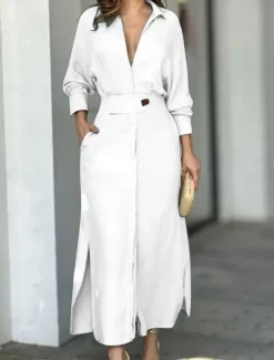 Women's Shirt Dress Long Dress Maxi Dress Pocket Split Daily Date Vacation Active Fashion Shirt Collar Long Sleeve Black White Pink Color