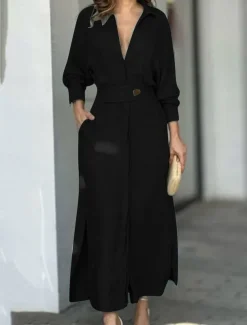 Women's Shirt Dress Long Dress Maxi Dress Pocket Split Daily Date Vacation Active Fashion Shirt Collar Long Sleeve Black White Pink Color