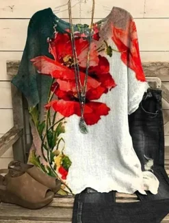 Women's Shirt Floral Casual Half Sleeve Crew Neck Regular Tops Work Daily Linen Like Print Red Spring Fall Winter