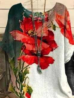 Women's Shirt Floral Casual Half Sleeve Crew Neck Regular Tops Work Daily Linen Like Print Red Spring Fall Winter