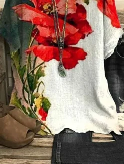 Women's Shirt Floral Casual Half Sleeve Crew Neck Regular Tops Work Daily Linen Like Print Red Spring Fall Winter