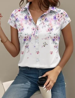 Women's Shirt Floral Graphic Daily Short Sleeve Cap Sleeve Shirt Collar Long Tops Daily Purple Summer Spring