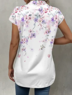 Women's Shirt Floral Graphic Daily Short Sleeve Cap Sleeve Shirt Collar Long Tops Daily Purple Summer Spring