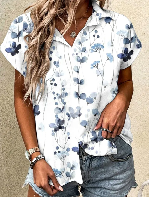 Women's Shirt Floral Graphic Vintage Tropical Daily Short Sleeve Cap Sleeve Shirt Collar Long Tops Daily Light Blue Summer Spring
