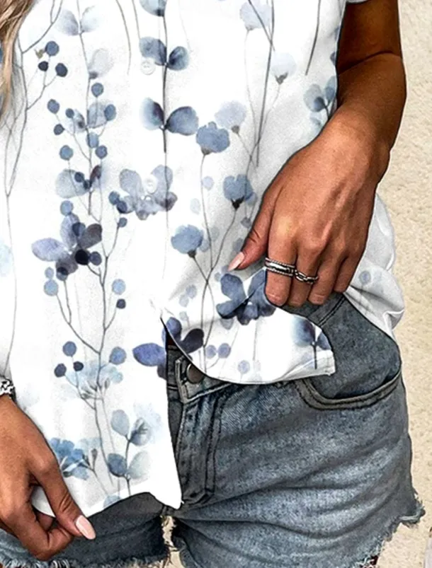 Women's Shirt Floral Graphic Vintage Tropical Daily Short Sleeve Cap Sleeve Shirt Collar Long Tops Daily Light Blue Summer Spring