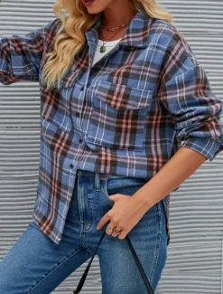 Women's Shirt Jacket Casual Jacket Comfortable Breathable Pocket Buttons Print Fashion Casual Plaid Vacation Street Casual Daily Wear Single Breasted Regular Stand Collar Regular Fit Long Sleeve