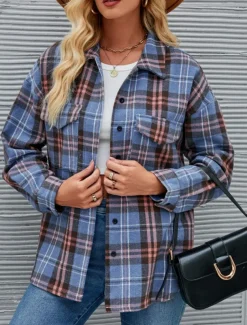 Women's Shirt Jacket Casual Jacket Comfortable Breathable Pocket Buttons Print Fashion Casual Plaid Vacation Street Casual Daily Wear Single Breasted Regular Stand Collar Regular Fit Long Sleeve