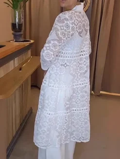 Women's Shirt Lace Shirt Blouse Plain Modern Casual Long Sleeve Shirt Collar Long Tops Daily Holiday Going out Lace White Summer