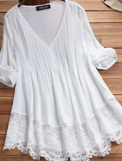 Women's Shirt Lace Shirt Linen-Inspired Shirts Blouse Pure Color Basic Casual 3/4 Length Sleeve V Neck Regular Tops Daily Lace Buttons White Pink Green Dark Blue Summer Spring Fall