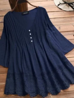 Women's Shirt Lace Shirt Linen-Inspired Shirts Blouse Pure Color Basic Casual 3/4 Length Sleeve V Neck Regular Tops Daily Lace Buttons White Pink Green Dark Blue Summer Spring Fall