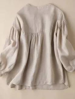 Women's Shirt Linen Shirt Blouse Long Cotton Top Solid Color Fashion Round Neck Street Daily Buttons Khaki Beige Spring & Fall
