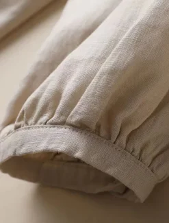 Women's Shirt Linen Shirt Blouse Long Cotton Top Solid Color Fashion Round Neck Street Daily Buttons Khaki Beige Spring & Fall