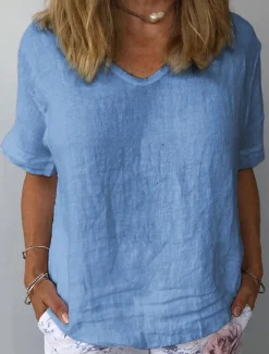 Women's Shirt Linen Shirt Cotton Linen Shirts Plain Daily Stylish Basic Short Sleeve V Neck Regular Tops Work Daily Holiday White Blue Gray Summer