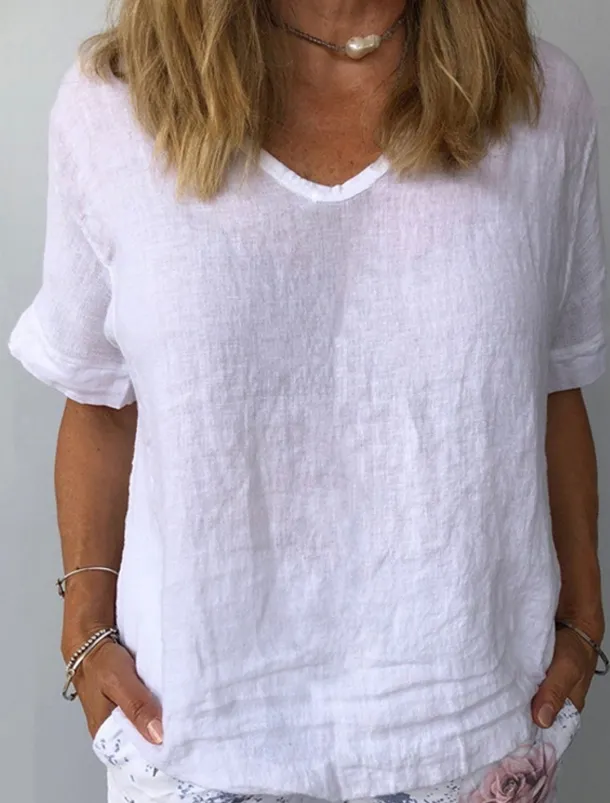 Women's Shirt Linen Shirt Cotton Linen Shirts Plain Daily Stylish Basic Short Sleeve V Neck Regular Tops Work Daily Holiday White Blue Gray Summer