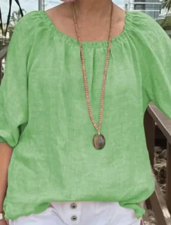 Women's Shirt Linen Shirt Cotton Linen Shirts Plain Daily Stylish Basic Long Sleeve Crew Neck Regular Tops Work Daily Holiday Yellow Green Light Grey Spring Fall