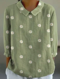 Women's Shirt Linen-Inspired Shirts Long Sleeve Shirt Collar White Blue Green Spring Fall