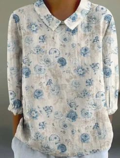 Women's Shirt Linen-Inspired Shirts Long Sleeve Shirt Collar White Blue Green Spring Fall