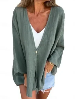 Women's Shirt Linen-Inspired Shirts Button Up Blouse Solid Color Stylish Casual Long Sleeve V Neck Regular Tops Daily Buttons Pocket Black Orange Green Beige Spring Fall