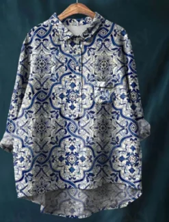 Women's Shirt Linen-Inspired Shirts Long Sleeve Shirt Collar Red Navy Blue Blue Spring & Fall