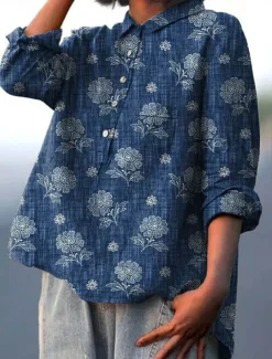 Women's Shirt Linen-Inspired Shirts Long Sleeve Shirt Collar Red Navy Blue Blue Spring & Fall