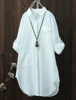 Women's Shirt Linen-Inspired Shirts Button Up Solid / Plain Color Daily Shirt Collar Daily Collared Shirts White Spring, Fall, Winter, Summer