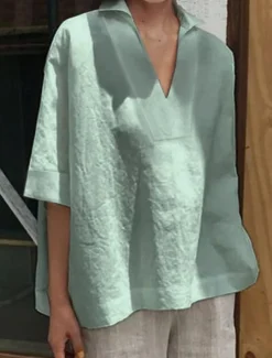 Women's Shirt Linen-Inspired Shirts Blouse Solid Color Basic Casual 3/4 Length Sleeve Notched Neck Regular Tops Daily White Pink Green Summer Spring