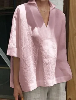 Women's Shirt Linen-Inspired Shirts Blouse Solid Color Basic Casual 3/4 Length Sleeve Notched Neck Regular Tops Daily White Pink Green Summer Spring
