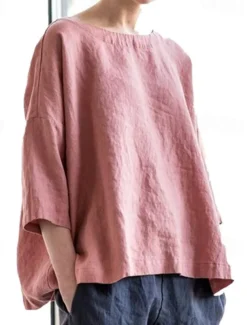 Women's Shirt Linen-Inspired Shirts Blouse Plain Fashion Round Neck Street Daily Sexy Yellow Pink Blue Purple Green Summer