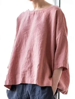 Women's Shirt Linen-Inspired Shirts Blouse Plain Fashion Round Neck Street Daily Sexy Yellow Pink Blue Purple Green Summer