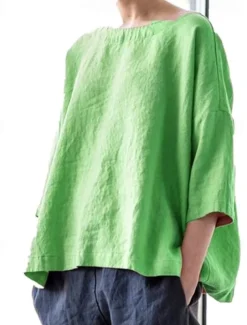 Women's Shirt Linen-Inspired Shirts Blouse Plain Fashion Round Neck Street Daily Sexy Yellow Pink Blue Purple Green Summer