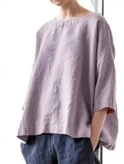 Women's Shirt Linen-Inspired Shirts Blouse Plain Fashion Round Neck Street Daily Sexy Yellow Pink Blue Purple Green Summer