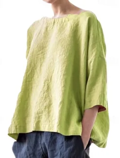 Women's Shirt Linen-Inspired Shirts Blouse Plain Fashion Round Neck Street Daily Sexy Yellow Pink Blue Purple Green Summer