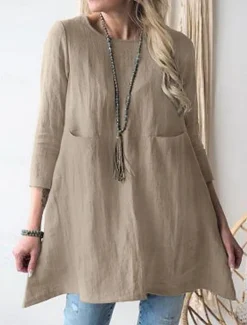Women's Shirt Linen-Inspired Shirts Blouse Solid Color Stylish Casual 3/4 Length Sleeve Crew Neck Regular Tops Daily Pocket Black Khaki Summer