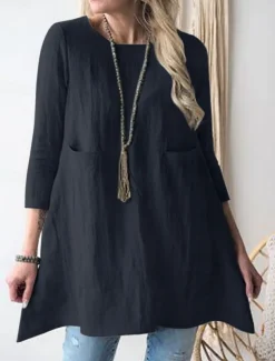Women's Shirt Linen-Inspired Shirts Blouse Solid Color Stylish Casual 3/4 Length Sleeve Crew Neck Regular Tops Daily Pocket Black Khaki Summer