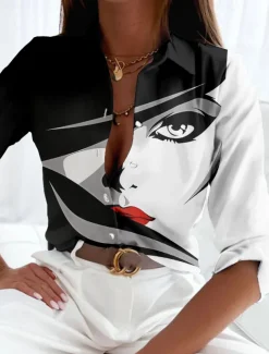 Women's Shirt Long Sleeve Button Down Blouse Basic Abstract Buttons Print Regular Tops Shirt Collar Casual Black Spring Fall