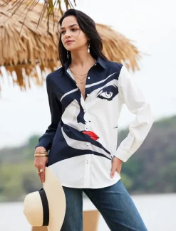 Women's Shirt Long Sleeve Button Down Blouse Basic Abstract Buttons Print Regular Tops Shirt Collar Casual Black Spring Fall