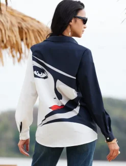 Women's Shirt Long Sleeve Button Down Blouse Basic Abstract Buttons Print Regular Tops Shirt Collar Casual Black Spring Fall