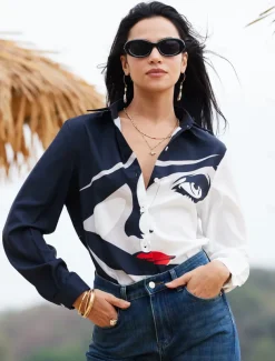 Women's Shirt Long Sleeve Button Down Blouse Basic Abstract Buttons Print Regular Tops Shirt Collar Casual Black Spring Fall