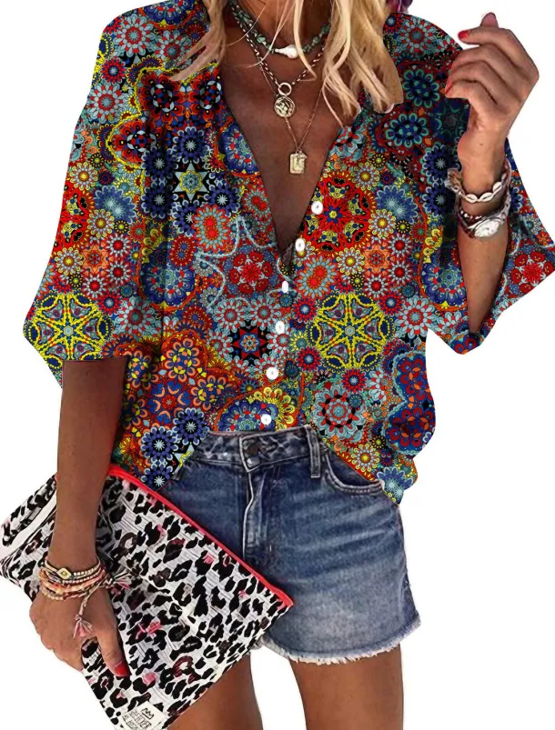 Women's Shirt Long Sleeve Button Down Blouse Hawaiian Blue Graphic Prints Button Print Daily Weekend Basic Boho V Neck Long Loose Fit Summer Holiday Clothes