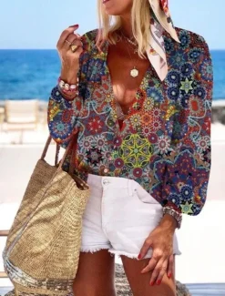 Women's Shirt Long Sleeve Button Down Blouse Hawaiian Blue Graphic Prints Button Print Daily Weekend Basic Boho V Neck Long Loose Fit Summer Holiday Clothes
