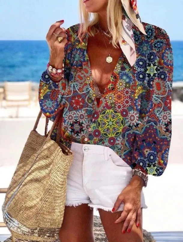 Women's Shirt Long Sleeve Button Down Blouse Hawaiian Blue Graphic Prints Button Print Daily Weekend Basic Boho V Neck Long Loose Fit Summer Holiday Clothes