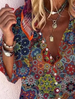 Women's Shirt Long Sleeve Button Down Blouse Hawaiian Blue Graphic Prints Button Print Daily Weekend Basic Boho V Neck Long Loose Fit Summer Holiday Clothes