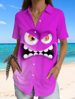 Women's Shirt Long Sleeve Button Down Blouse Graphic 3D Vintage Tropical Daily Short Sleeve Shirt Collar Regular Tops Daily Yellow Blue Purple Summer Spring