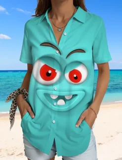 Women's Shirt Long Sleeve Button Down Blouse Graphic 3D Vintage Tropical Daily Short Sleeve Shirt Collar Regular Tops Daily Yellow Blue Purple Summer Spring