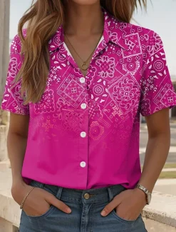 Women's Shirt Long Sleeve Button Down Blouse Ombre Graphic Paisley Daily Casual Short Sleeve Shirt Collar Regular Tops Daily Red Blue Fuchsia Summer Spring
