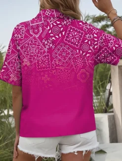 Women's Shirt Long Sleeve Button Down Blouse Ombre Graphic Paisley Daily Casual Short Sleeve Shirt Collar Regular Tops Daily Red Blue Fuchsia Summer Spring