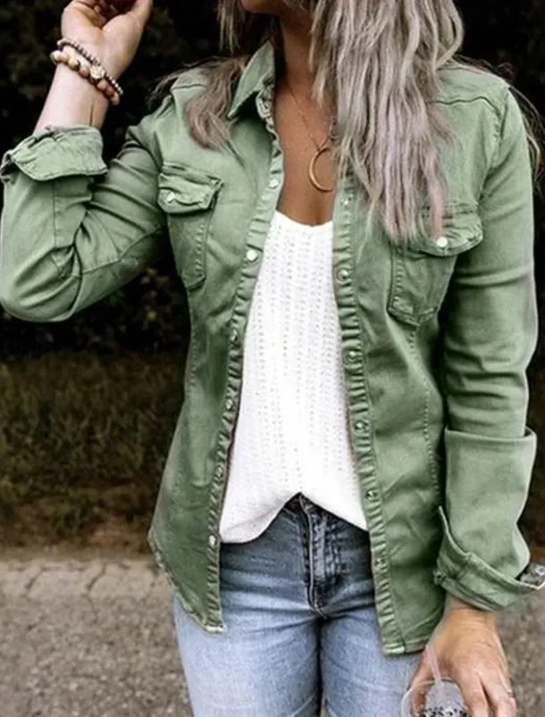 Women's Shirt Long Sleeve Shirt Collar Black Army Green Gray Spring & Fall