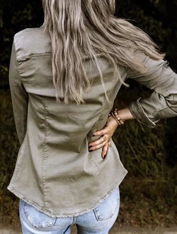 Women's Shirt Long Sleeve Shirt Collar Black Army Green Gray Spring & Fall
