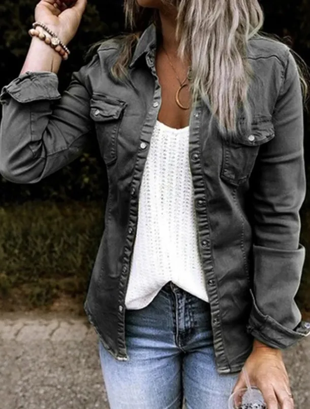 Women's Shirt Long Sleeve Shirt Collar Black Army Green Gray Spring & Fall