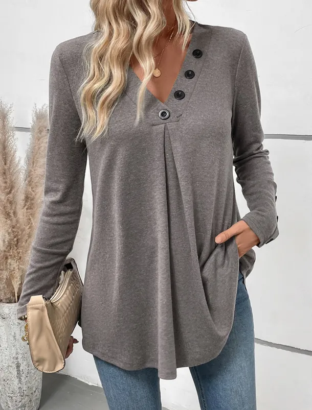 Women's Shirt Solid Color Casual Long Sleeve V Neck Regular Tops Daily Buttons Gray Fall Winter